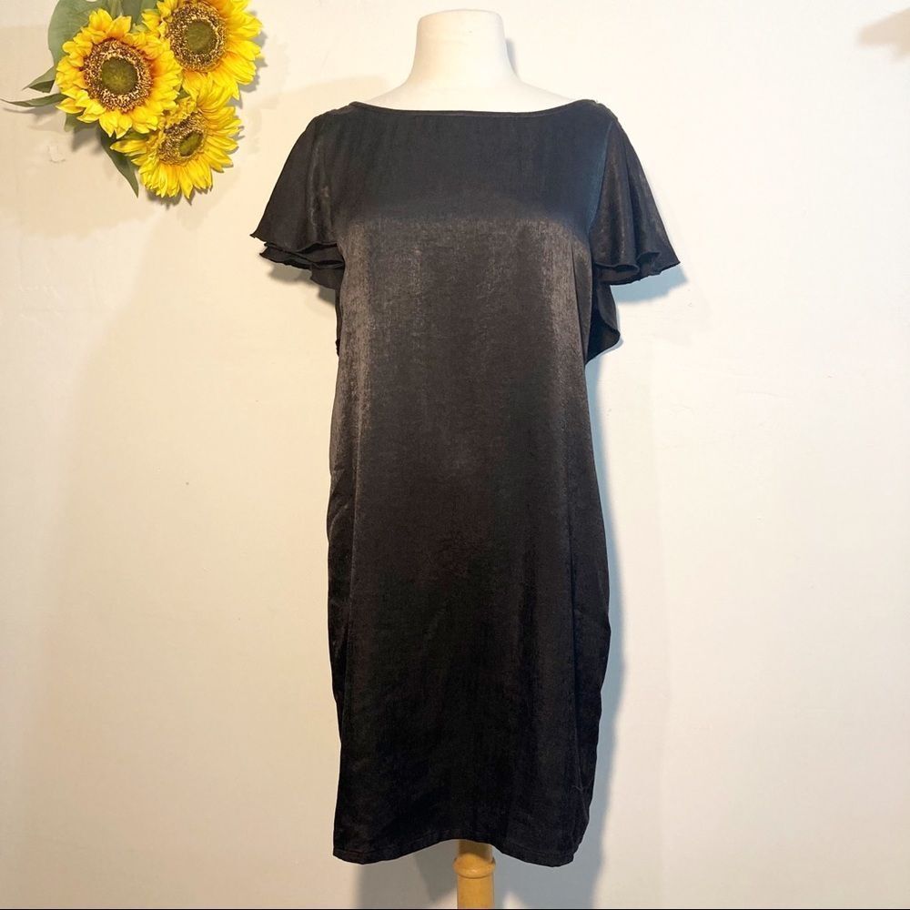 The Odells Black Satin Flutter Sleeve Open Back Mini Dress Size S NWT Anthropolo - Picture 4 of 11